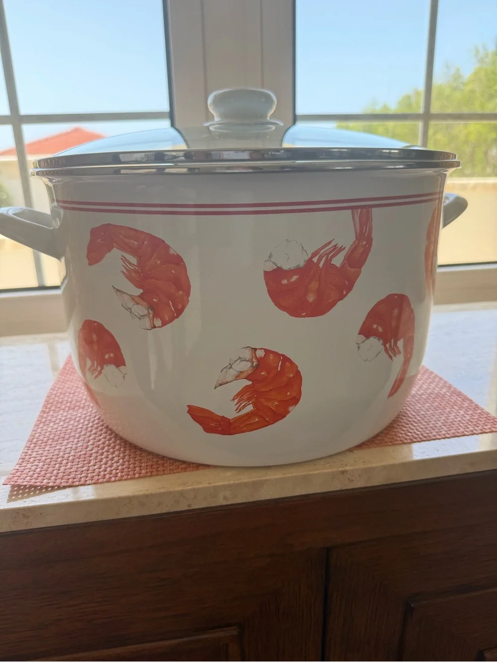White Ceramic Stock Pot with Red Shrimp Motif - Coastal Kitchen Cookware